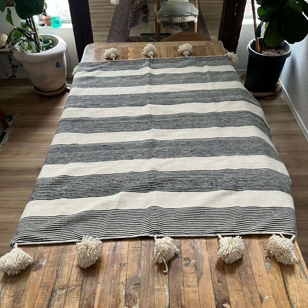 Pom-Pom Woven Throw Blanket Moroccan White & Black Striped Wool 57 x 59 in